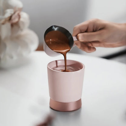 MHW-3BOMBER CERA pink ceramic coffee cup being filled. U-shaped design, Gaolin clay. Perfect for espresso, lattes, and cappuccinos.