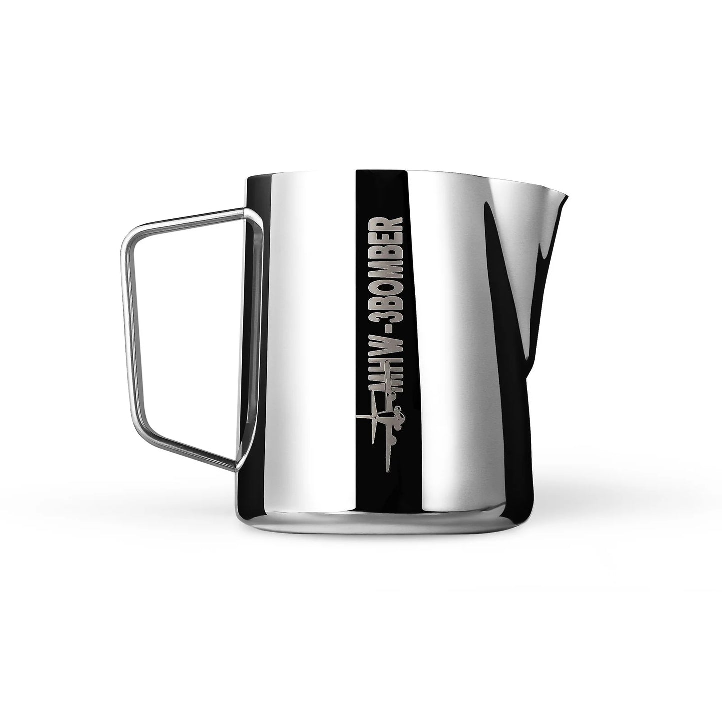 A sleek, metallic latte art pitcher made of 304 stainless steel with a handle and crocodile spout. The glossy MHW-3BOMBER Latte Art Pitcher 5.0 is reflective and features B-30 BOMBER on its side.