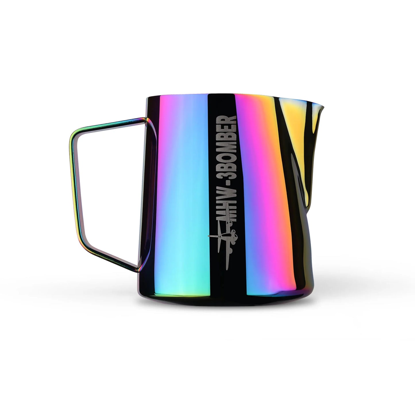 A colorful MHW-3BOMBER milk frothing pitcher features a crocodile spout, geometric handle, and the product name MHW-3BOMBER printed vertically with an airplane graphic along the side.