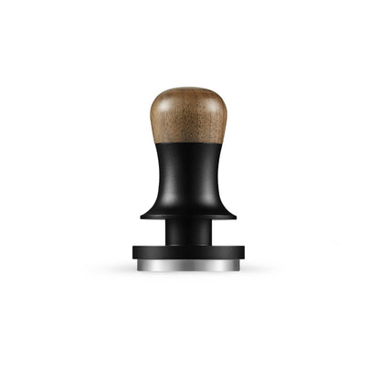 The MHW-3BOMBER Flash Tamper features a wooden top, a sleek black middle section, and a metallic base for even coffee ground compression. Its ergonomic handle offers a comfortable grip along with 30lbs constant pressure and sound feedback for perfect espresso tamping.