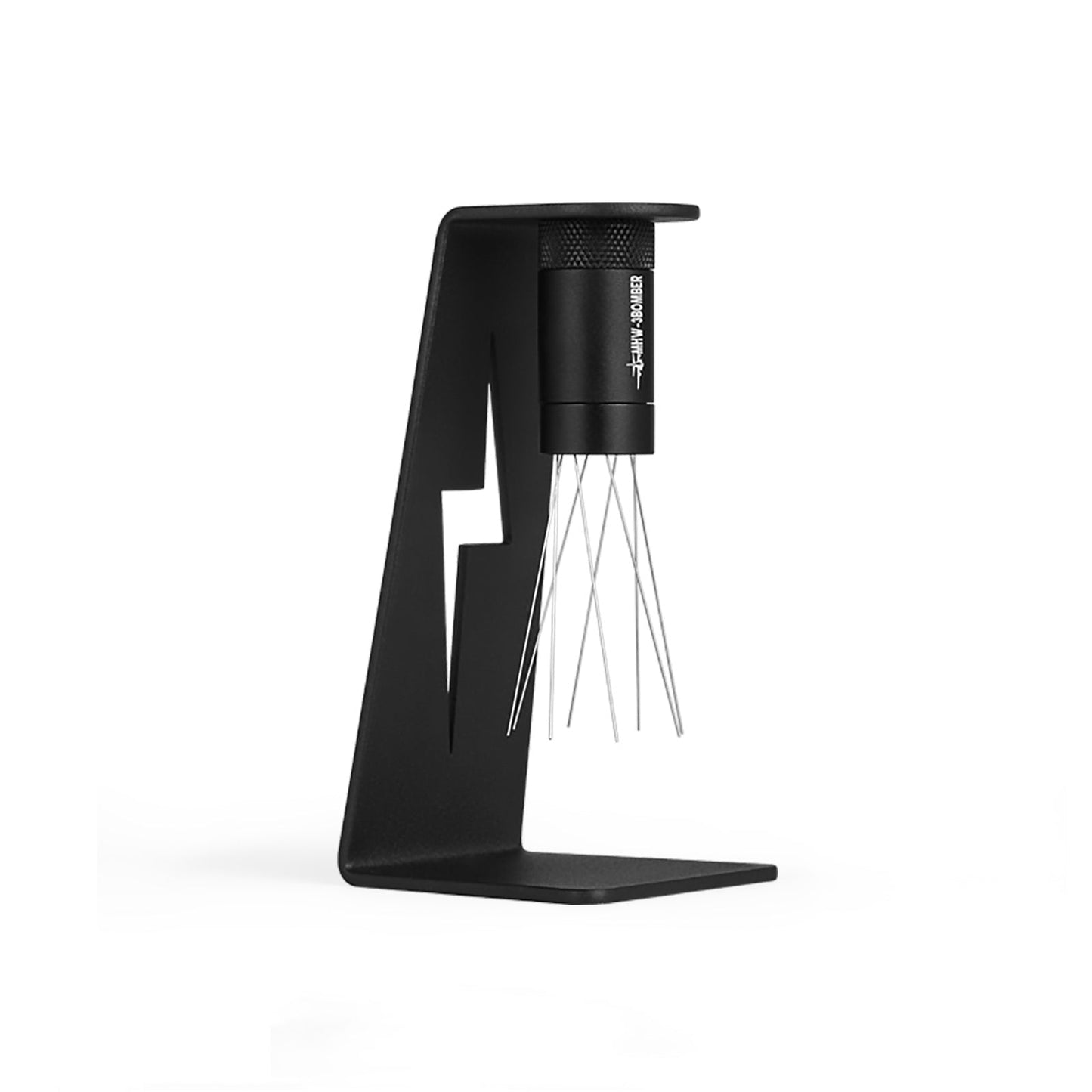 The MHW-3BOMBER Lightning Needle Distributor WDT Tool 2.0 features a sleek, minimalist black metal design like a lightning bolt with a magnetic stand. It holds a stainless steel whisk upright, perfectly complementing any kitchen décor against its plain white background.