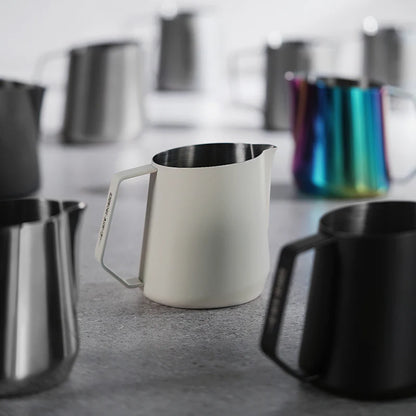MHW-3BOMBER GT Milk Pitcher, glossy white stainless steel. Latte art tool with diamond handle and U-shaped spout.