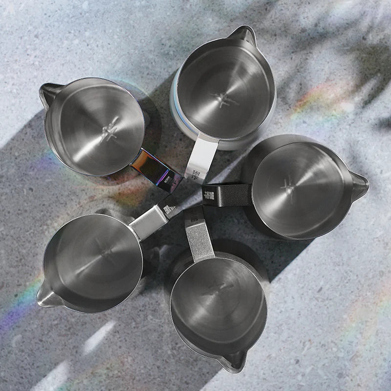 MHW-3BOMBER GT milk pitchers, stainless steel, glossy finish, U-shaped spout, diamond handle, various handle colors. Latte art tools.