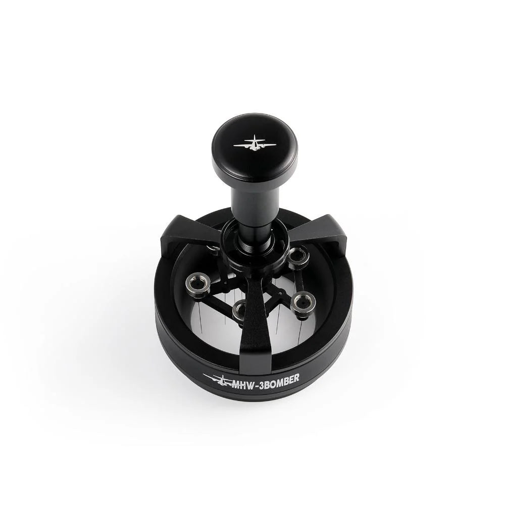 A black MHW-3BOMBER YU Series coffee tamper with a star logo and MHW-3BOMBER text on the base, featuring a textured handle and three inwardly curved supports for precise espresso tamping and even grounds distribution.