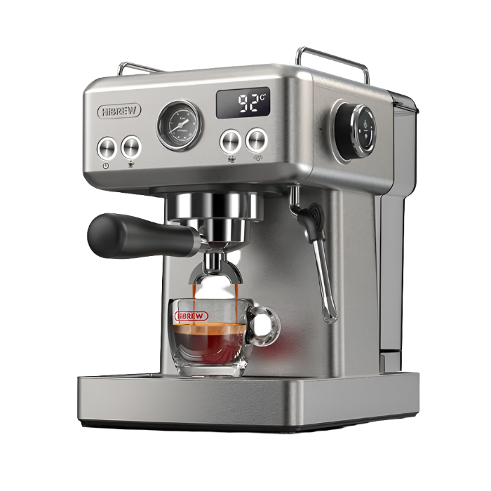 Stainless steel Hibrew H10A espresso machine, featuring a sleek and modern design. Ideal for coffee enthusiasts looking for a durable and stylish coffee machine to enhance their home brewing experience.