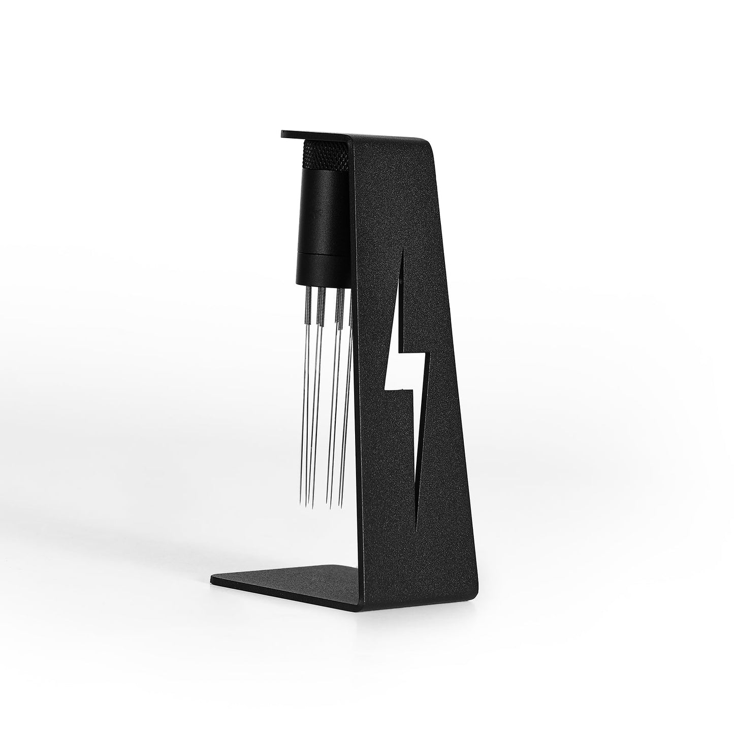 The MHW-3BOMBER Lightning Needle Distributor WDT Tool 2.0 boasts a sleek, modern black magnetic stand with a lightning bolt cutout design. It holds metal rods vertically on a flat base, perfect for improving espresso extraction quality against a plain white background.