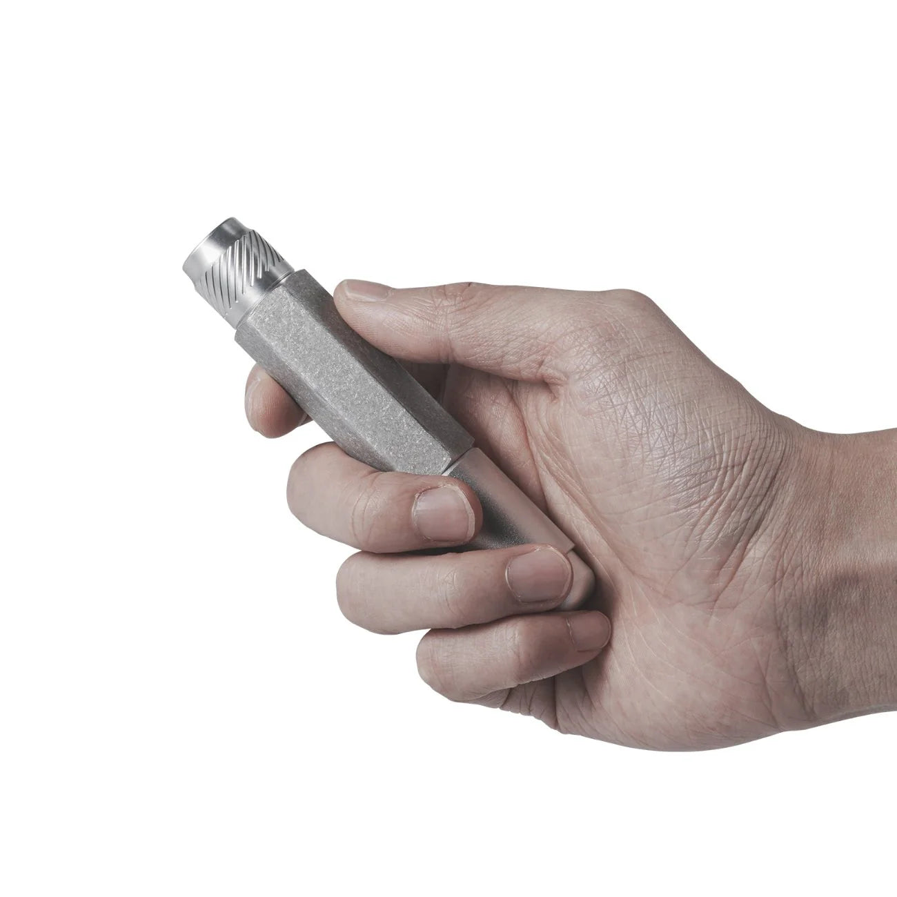 A hand holding the MHW-3BOMBER Lightning Needle Distributor Pro WDT Tool with its telescopic design, featuring a textured grip and cylindrical end, set against a plain white background.