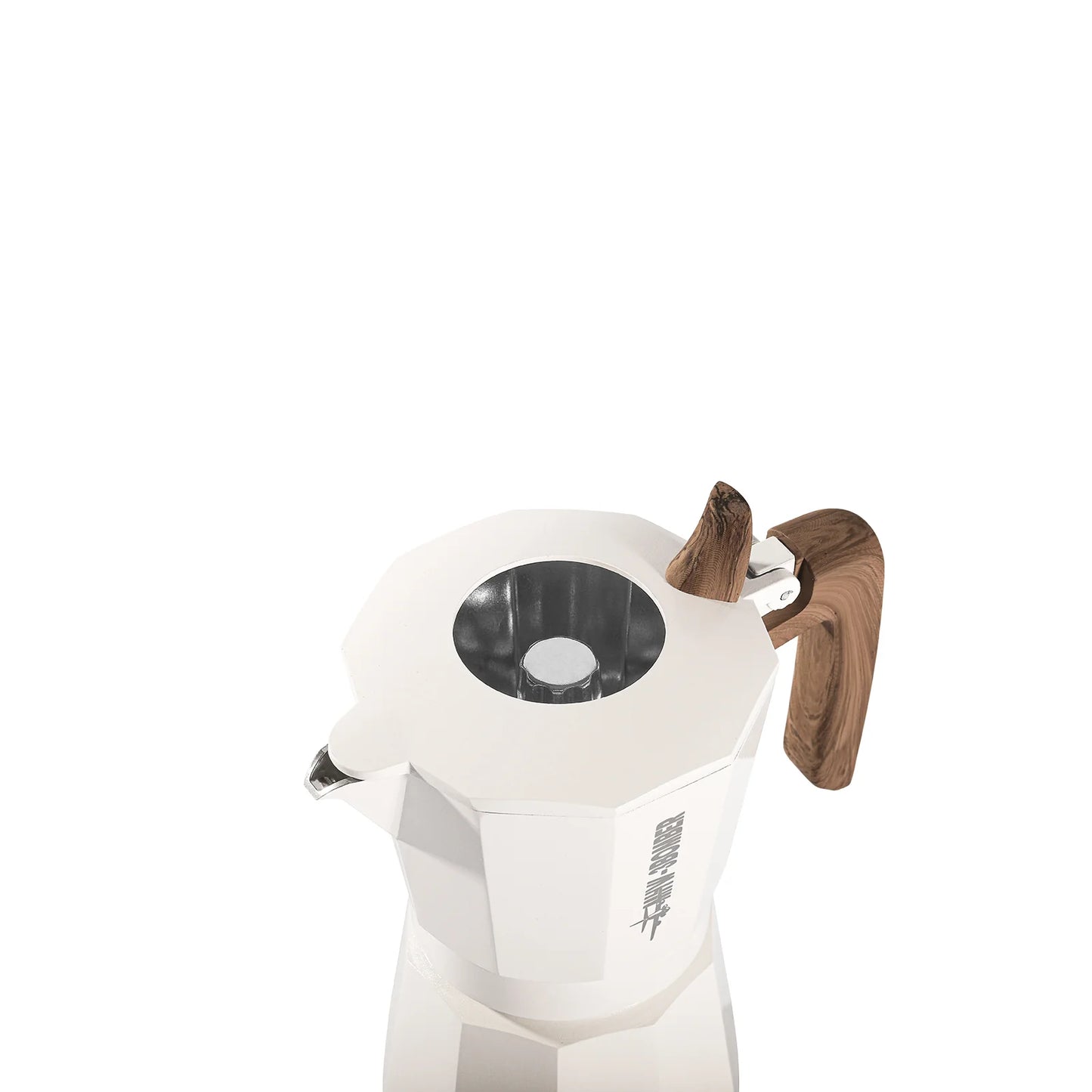 The MHW-3BOMBER Double Valve Moka Pot 100ml features a white body with a wooden handle and knob, topped with a round glass window. Its durable and ideal for brewing craft coffee on compatible stovetops, shown against a plain white background.