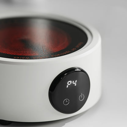 MHW-3BOMBER white electric coffee heater with digital display and power control. Compact stovetop alternative.