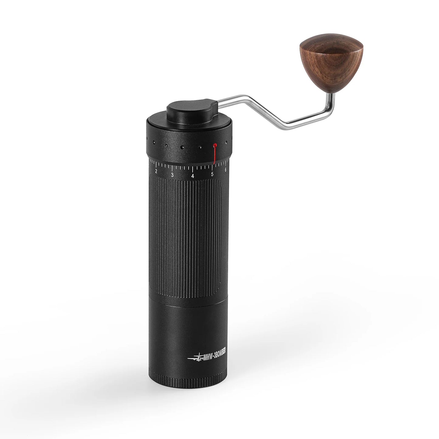 Close-up image of the MHW Bomber R3 manual coffee grinder, showcasing its sleek design, durable build, and precision grinding mechanism.