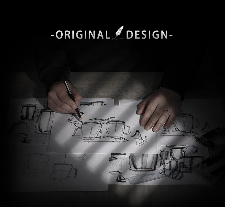 A person sketches original designs on paper labeled ORIGINAL DESIGN, featuring conceptual drawings of the [Pre-Order] MHW-3BOMBER Latte Art Pitcher 5.0 Glossy with a unique crocodile spout.