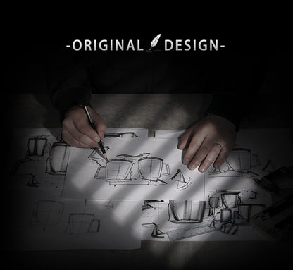 A person sketches original designs on paper labeled ORIGINAL DESIGN, featuring conceptual drawings of the [Pre-Order] MHW-3BOMBER Latte Art Pitcher 5.0 Glossy with a unique crocodile spout.