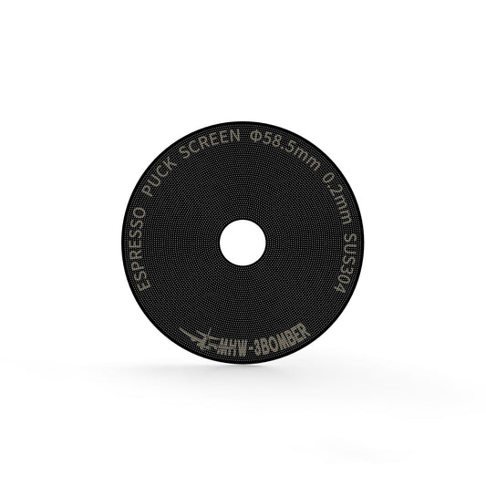 The MHW-3BOMBER Espresso Puck Screen with Round Hole boasts a double-layer design with dimensions of 58.5mm x 0.2mm, featuring fine holes on a black surface with white edge text and a durable titanium coating.