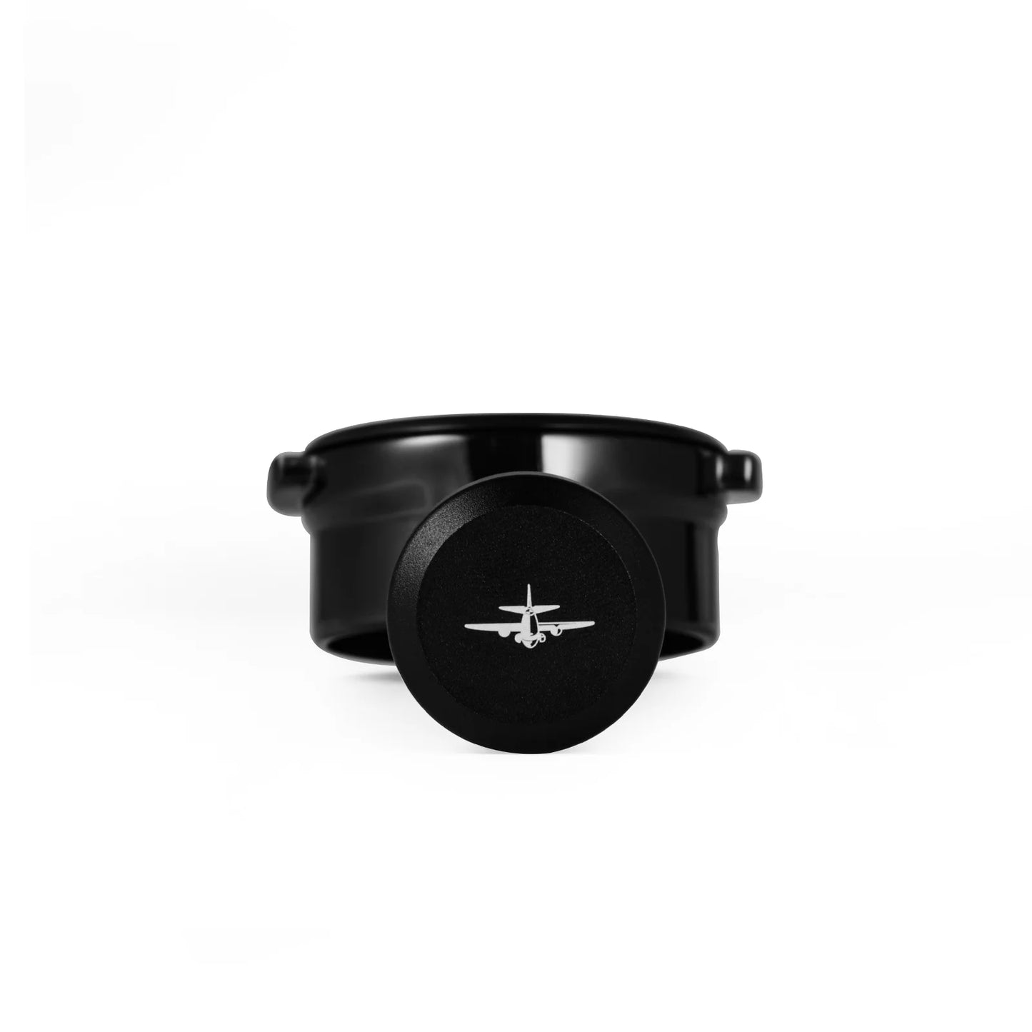 MHW-3BOMBER Astra Collection Bottomless Portafilter in black with airplane design. 