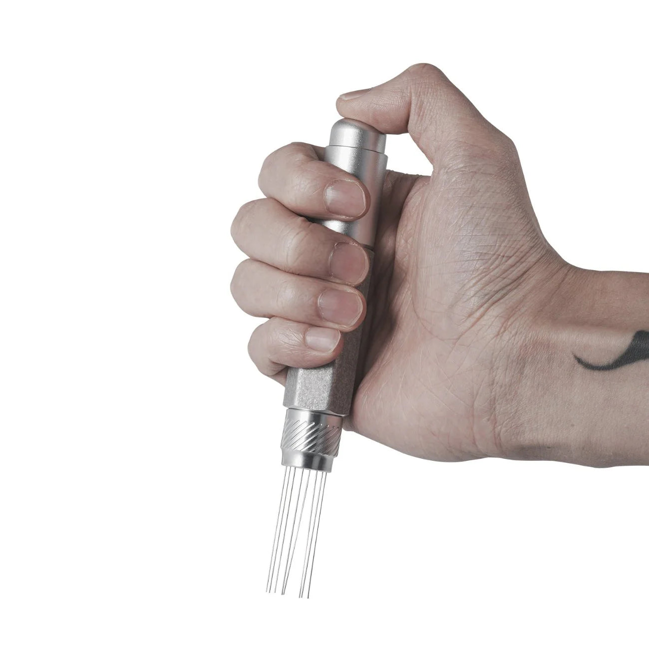 A hand holds the MHW-3BOMBER Lightning Needle Distributor Pro WDT Tool, a sleek, metallic gadget with a cylindrical handle. Its telescopic design features thin wires resembling a whisk or scalp massager on a plain white background, emphasizing its elegance and grounds efficiency.