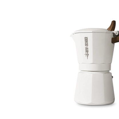 The MHW-3BOMBER Double Valve Moka Pot 100ml, a white stovetop coffee maker with a durable design and wooden accents on the handle and lid, sits against a plain white background. Ideal for craft coffee enthusiasts, it features “Mini 3D Bomber” printed on its side.