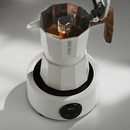 MHW-3BOMBER electric Moka pot on heater. White, with wood handle.  Modern design. Coffee brewing. 