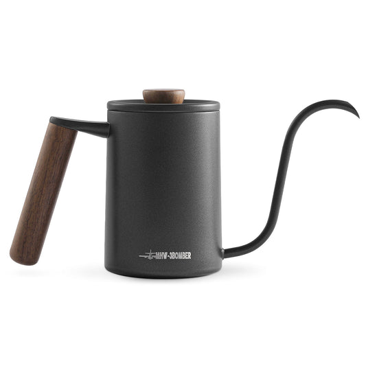 A sleek black gooseneck kettle featuring a wooden handle and lid knob, ideal for drip coffee lovers. Named the Planet Hand Brewing Kettle by brand MHW-3BOMBER, it offers a minimalist design for precise pouring with the brand elegantly printed near the base.