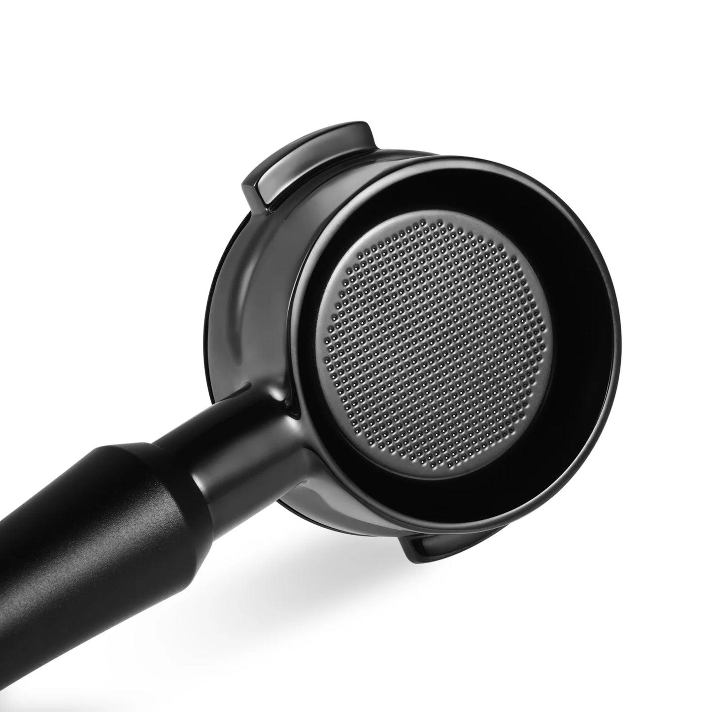 MHW-3BOMBER Astra black bottomless portafilter for espresso machines. Close up.