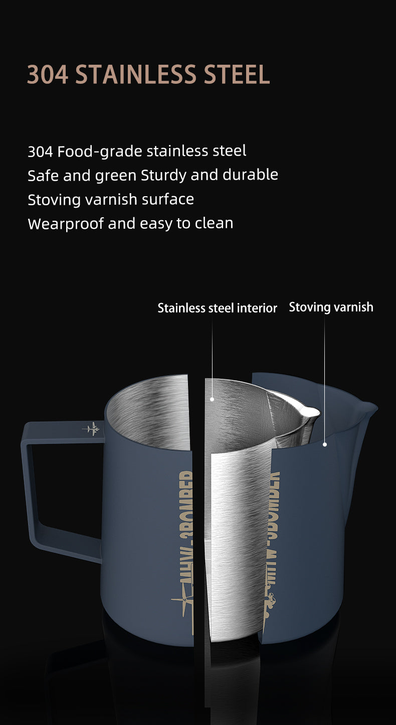 The image features the [Pre-Order] MHW-3BOMBER Latte Art Pitcher 5.0 Glossy with a cutout view of its durable, easy-to-clean 304 food-grade stainless steel interior. Its crocodile spout ensures precision pouring, and the stoving varnish surface provides a sleek finish.