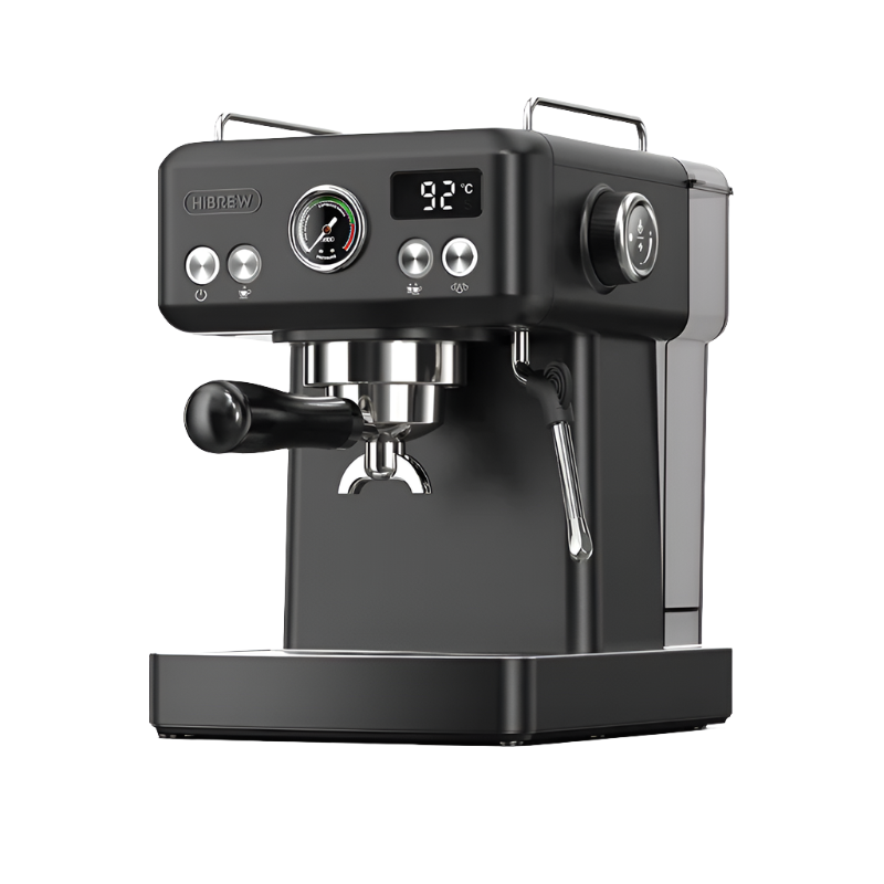 Black HiBREW H10A espresso machine with wooden handle, featuring professional-grade design and portafilter, perfect for making rich espresso at home.