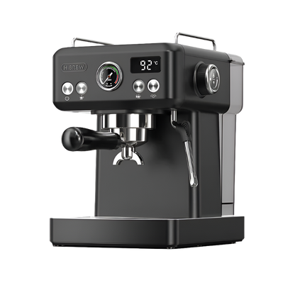 Black HiBREW H10A espresso machine with wooden handle, featuring professional-grade design and portafilter, perfect for making rich espresso at home.