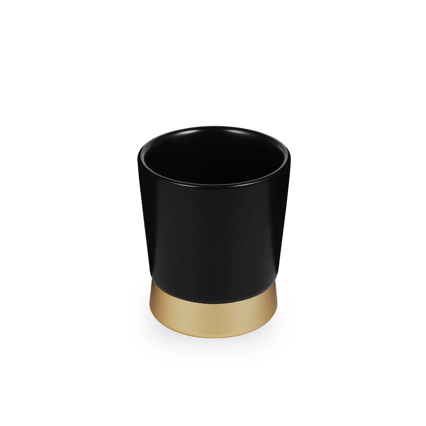 MHW-3BOMBER black ceramic CERA cup with gold base. Modern design for espresso, latte, or cappuccino.