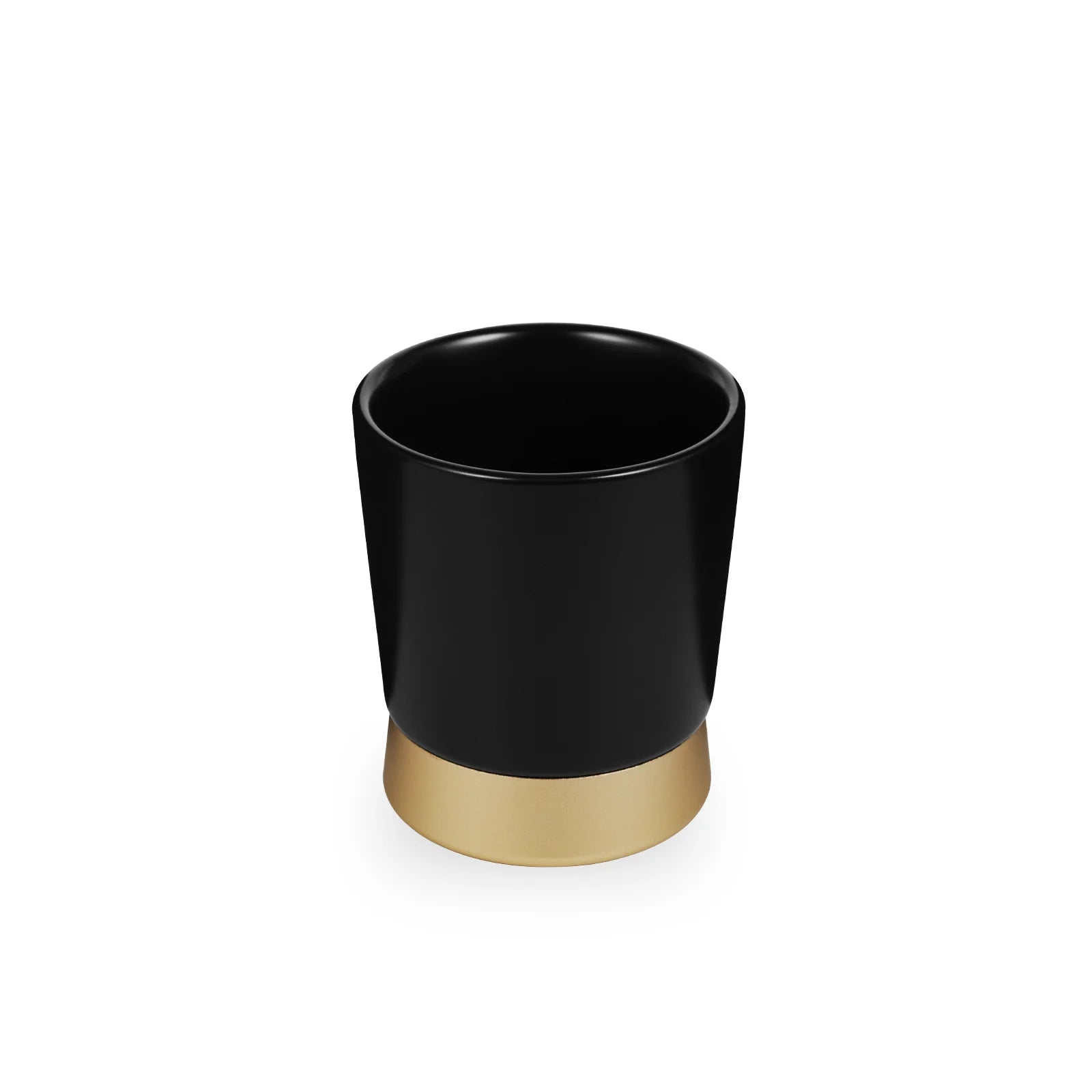MHW-3BOMBER black ceramic CERA cup with gold base. Modern design for espresso, latte, or cappuccino.