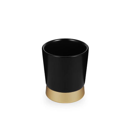 MHW-3BOMBER black ceramic CERA cup with gold base. Modern design for espresso, latte, or cappuccino.
