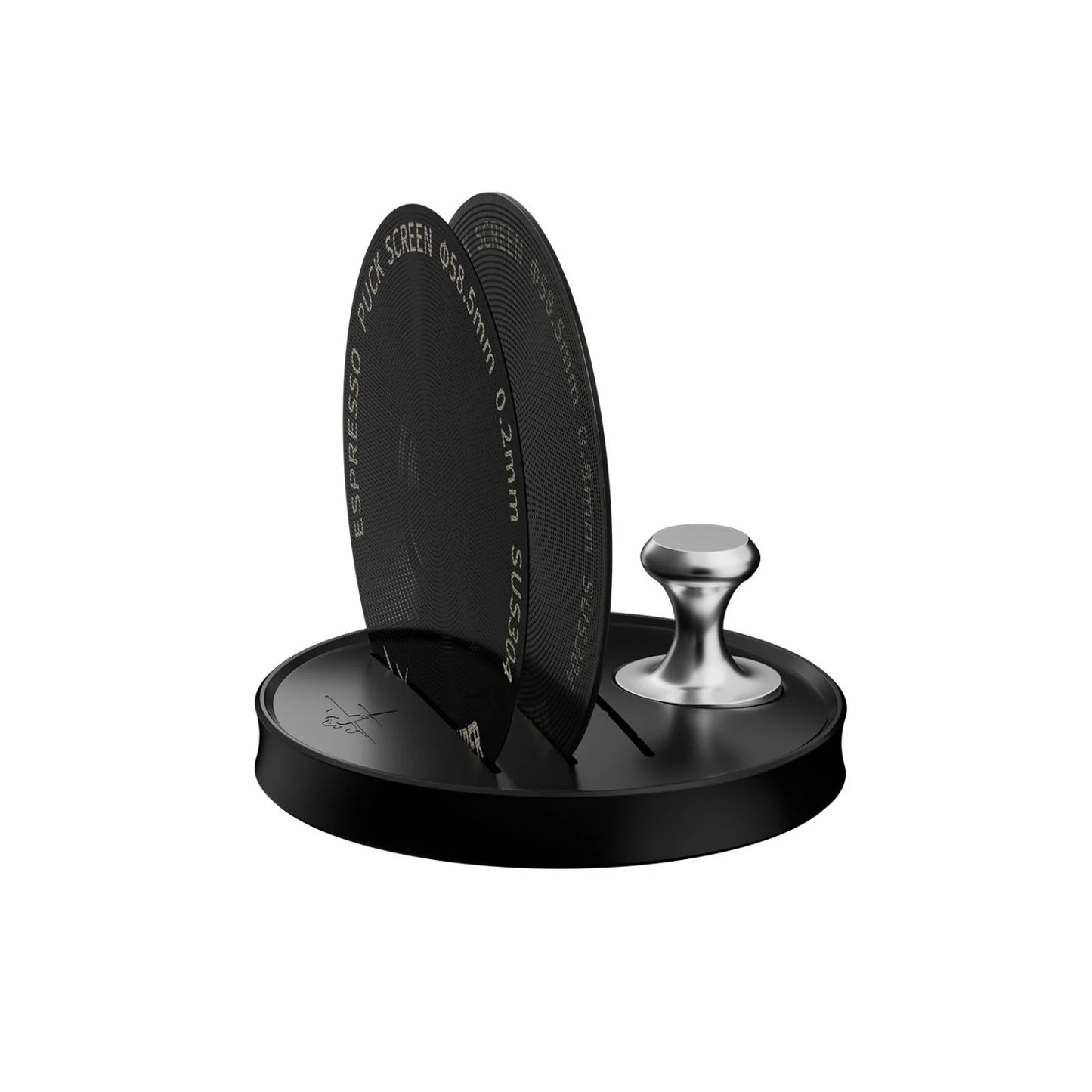 The MHW-3BOMBER Espresso Puck Screen Stand 51-58mm boasts a sleek black base with a metallic coffee tamper and two mesh filters, all featuring a magnetic design for enhanced usability. This stylish setup ensures precision brewing, combining both style and functionality in every cup.