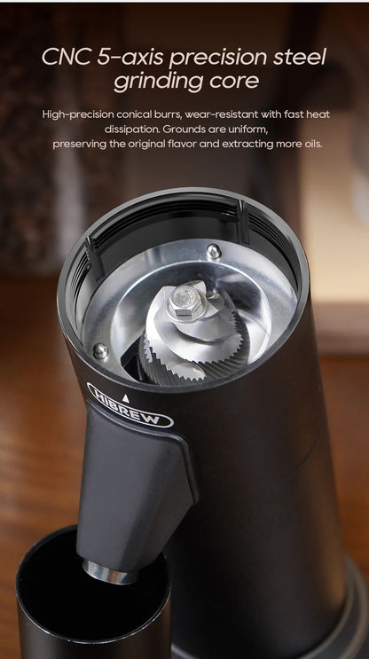 Image of the Hibrew G5 coffee grinder highlighting the high-quality conical burr, designed for precise and consistent grinding. Ideal for coffee lovers looking for uniform coffee grounds for various brewing methods, from espresso to French press.