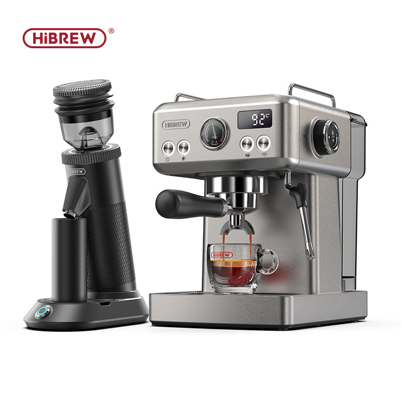 Hibrew H10A espresso machine paired with Hibrew G5 coffee grinder, showcasing a perfect home coffee setup. Ideal for coffee lovers seeking a professional espresso machine and precise grinder for a premium brewing experience.