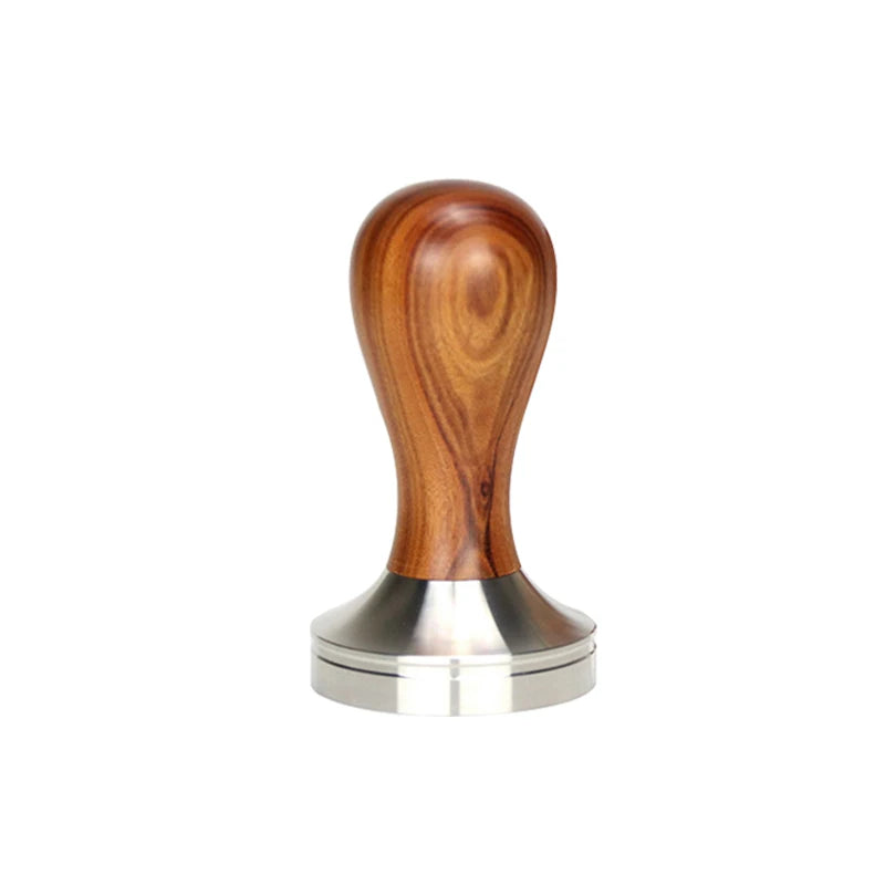 Professional espresso tamper with ergonomic handle, designed for evenly compressing coffee grounds in a portafilter for optimal espresso extraction.