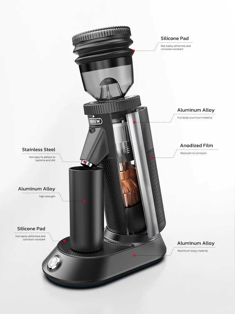 Labeled image of the Hibrew G5 coffee grinder, highlighting features such as adjustable grind settings, stainless steel burrs, user-friendly interface, and compact design. Ideal for achieving precise and consistent coffee grounds for various brewing methods.