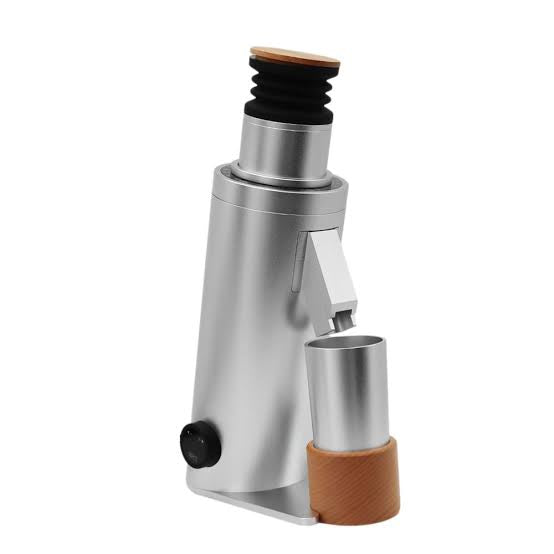 DF64V silver coffee grinder with precision flat burrs, low retention design, and variable speed control, offering consistent grind size for espresso and filter coffee. Ideal for home baristas aiming for café-quality coffee with a compact, modern design.