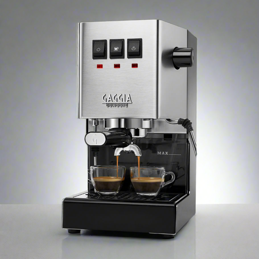 A sleek Gaggia Classic Evo espresso machine in stainless steel finish, featuring a minimalist design with a commercial-style 58mm portafilter, a professional steam wand for frothing milk, and a brushed metal exterior. The front panel displays simple, tactile switches for power and brewing control, along with a sturdy drip tray at the base. The machine’s robust, polished appearance reflects its premium build quality, ideal for home baristas looking for a durable and elegant addition to their kitchen.