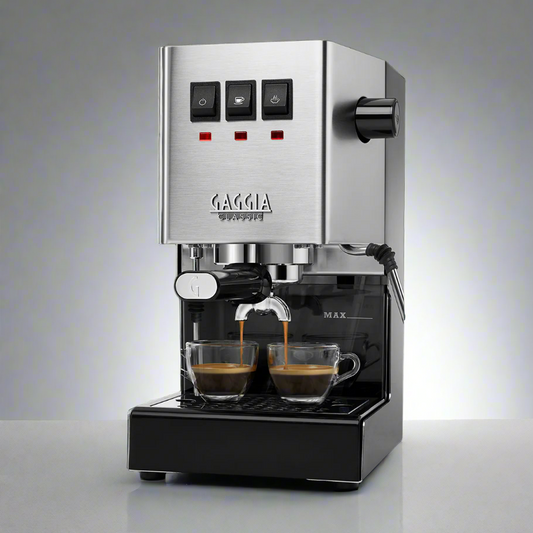 A sleek Gaggia Classic Evo espresso machine in stainless steel finish, featuring a minimalist design with a commercial-style 58mm portafilter, a professional steam wand for frothing milk, and a brushed metal exterior. The front panel displays simple, tactile switches for power and brewing control, along with a sturdy drip tray at the base. The machine’s robust, polished appearance reflects its premium build quality, ideal for home baristas looking for a durable and elegant addition to their kitchen.