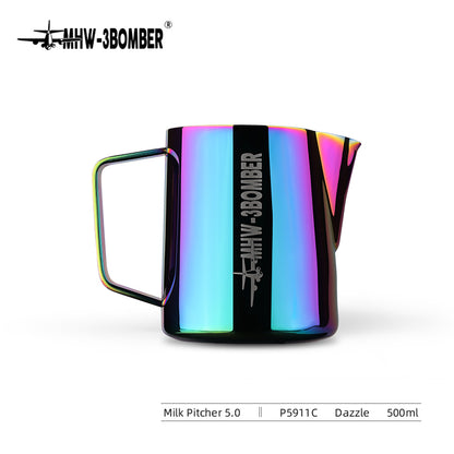 The [Pre-Order] MHW-3BOMBER Latte Art Pitcher 5.0 Colorful is a stylish metallic frothing pitcher with a colorful, iridescent finish. It features a left-side handle, right-side crocodile spout, and has a 500ml capacity.