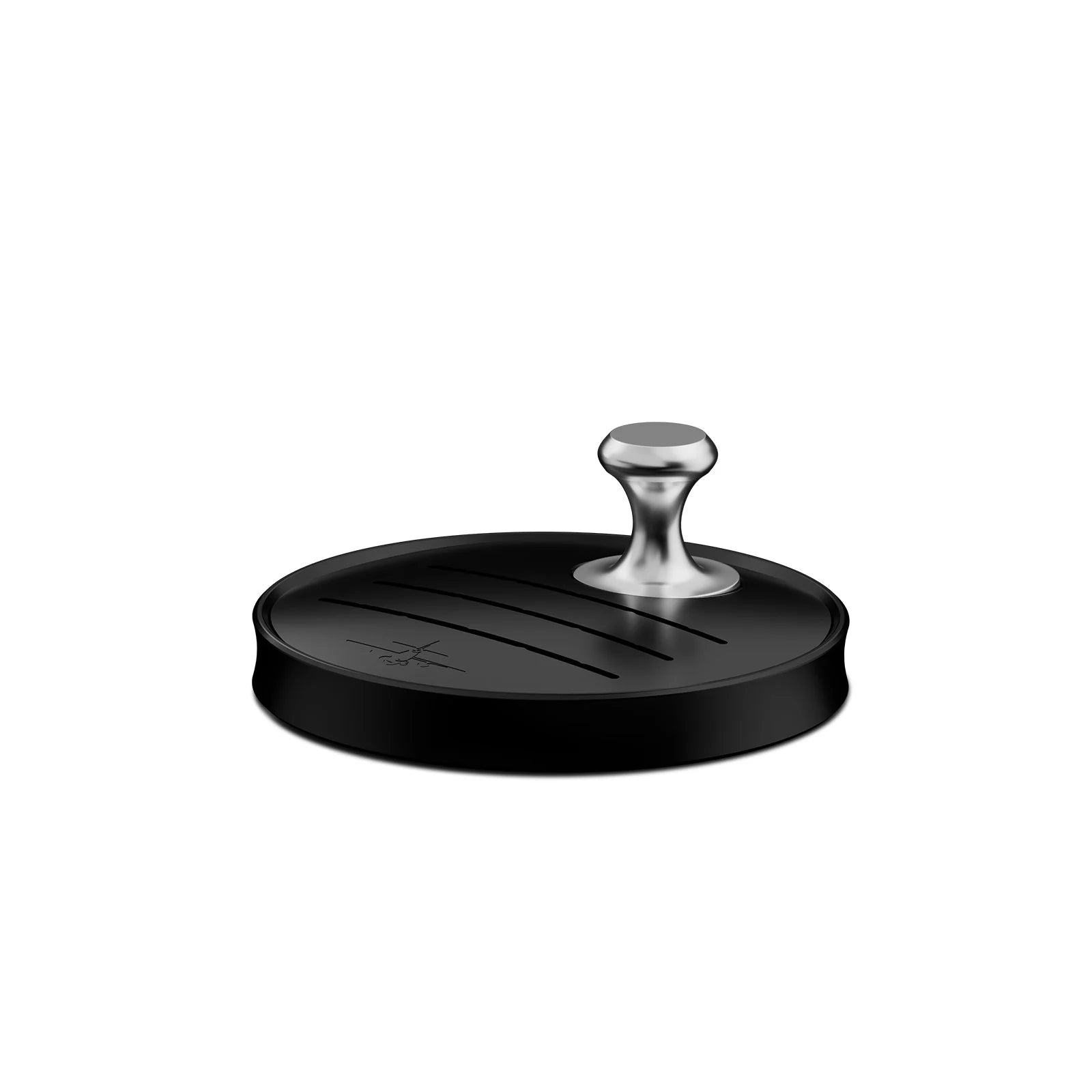 The MHW-3BOMBER Espresso Puck Screen Stand 51-58mm features a sleek, round black tamper with a stainless steel handle, perfect for pressing espresso grounds. Its magnetic design allows convenient attachment to storage puck screen stands, and its textured base enhances grip and functionality.