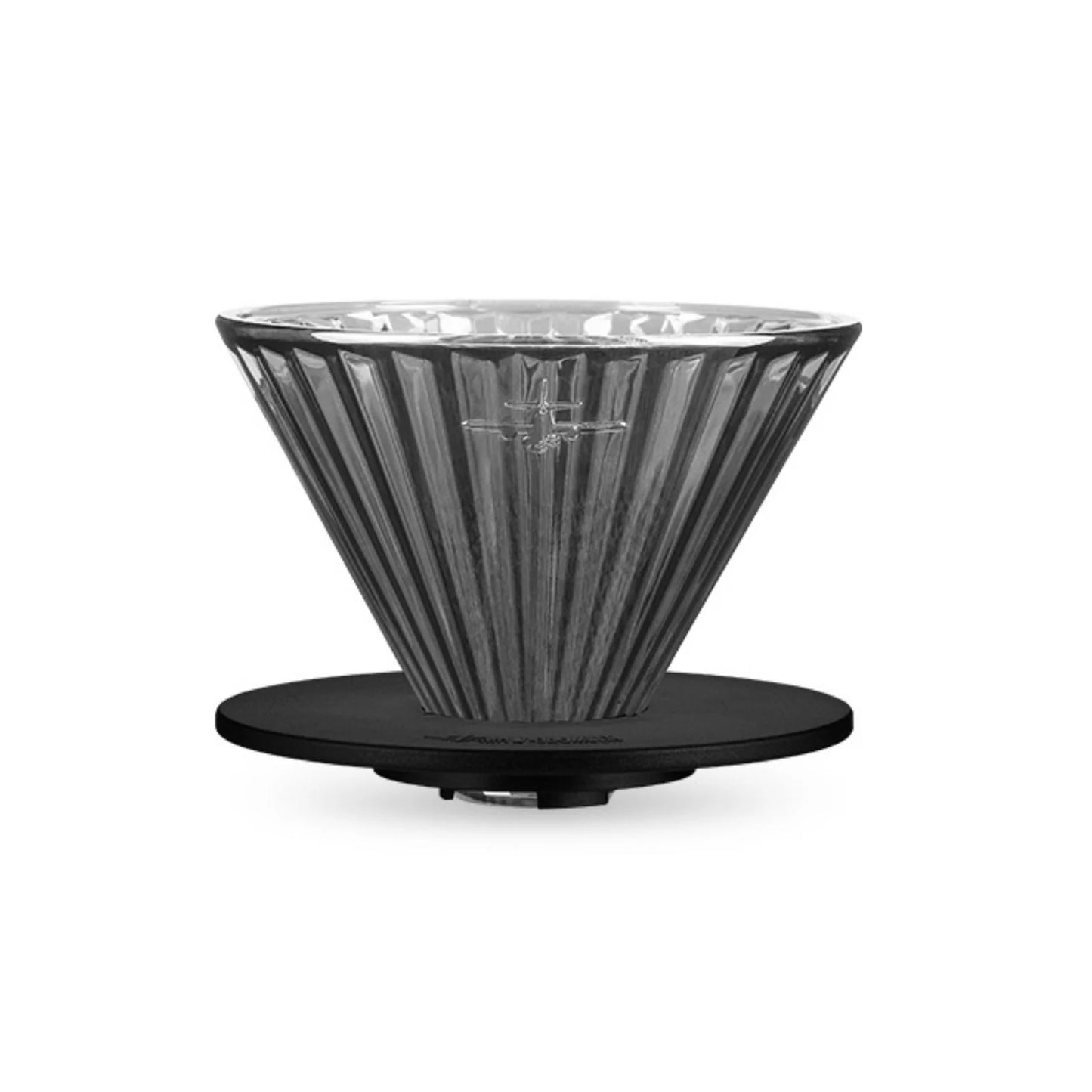 The MHW-3BOMBER Elf Glass Coffee Dripper boasts a transparent, ribbed conical design with a triangular groove, elegantly placed on a round black base, perfect for any reusable cone pour-over against a crisp white background.