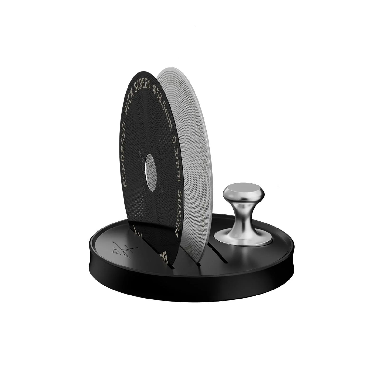 The MHW-3BOMBER Espresso Puck Screen Stand 51-58mm is a sleek black coffee accessory holder with a magnetic design, expertly organizing a stainless steel espresso tamper and three puck screens of varying thickness, each labeled with size measurements and MHW-3BOMBER brand details.