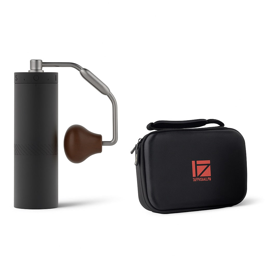 1Zpresso X-Ultra: Black manual coffee grinder with wooden handle and black carrying case. 