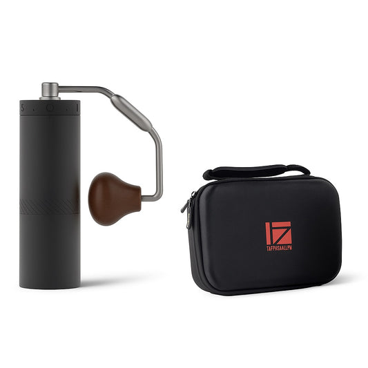 1Zpresso X-Ultra: Black manual coffee grinder with wooden handle and black carrying case. 