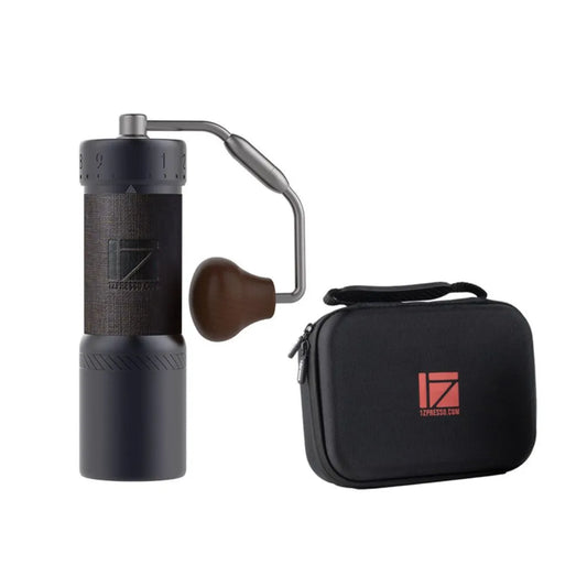 1Zpresso J-Ultra manual coffee grinder with case. Navy blue body, wooden handle. Precise & portable coffee mill.