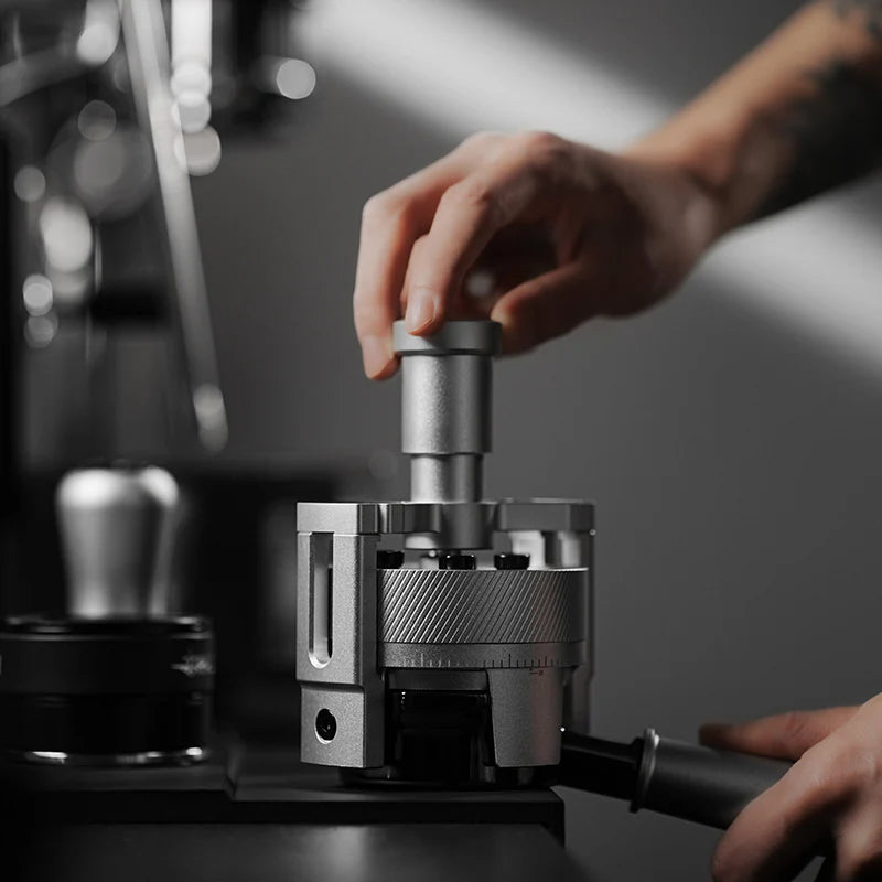 MHW-3BOMBER WDT tool being used. Silver metal needle distributor for espresso puck prep. 