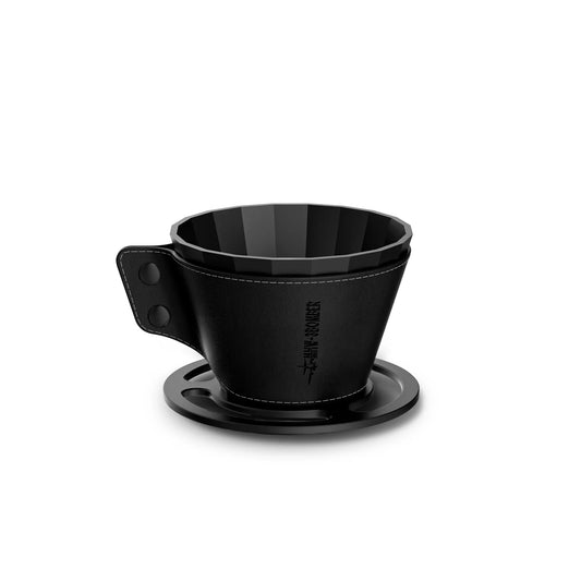 MHW-3BOMBER Meteorite Dripper. Black pour-over coffee dripper with heat-resistant holster. Unique rib design.