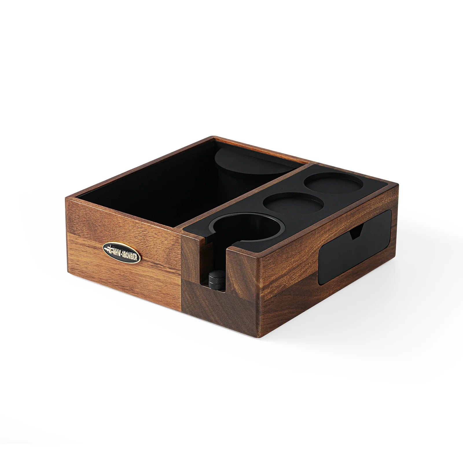 MHW-3BOMBER walnut espresso knock box with portafilter holder and drawer. A coffee preparation station for accessories.