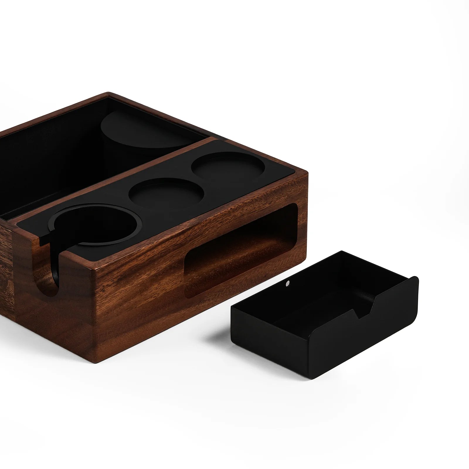 MHW-3BOMBER knock box made of brown walnut wood with a black magnetic storage drawer on white background.