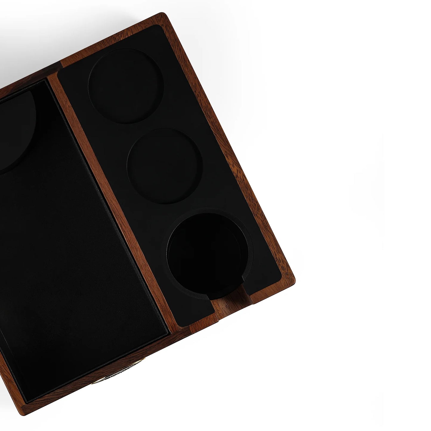 MHW-3BOMBER knock box: Wood frame, black insert with tamp station & portafilter slots. Top view.