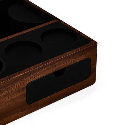 MHW-3BOMBER espresso knock box. Wood with black drawer, cup indents, and espresso accessories storage.